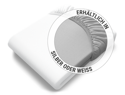 Das zusammengelegte BODYGUARD® Jersey-Spannbettlaken in Weiß: Zoom auf das Laken in der silbernen Farbvariante. Text: Erhältlich in Silber oder Weiß
