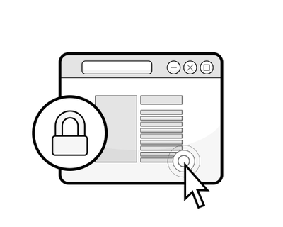  Illustration: ein Browserfenster, auf das ein Mauspfeil zeigt, und ein rundes Symbol mit einem Hängeschloss davor.