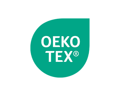 Illustration: eine grüne, tropfenförmige Fläche, in der steht: „OEKO TEX®“