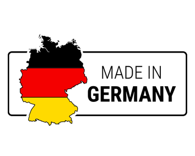 Illustration: Eine Deutschlandkarte in Schwarz-Rot-Gold mit dem Text „Made in Germany“.	