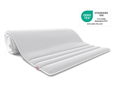 Der BODYGUARD® Topper. Daneben das Oeko-Tex® Standard 100 Siegel	