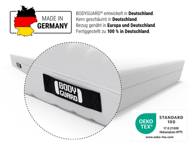 BODYGUARD® Anti-Kartell-Matratze: Zoom auf Griff. Label: Oeko-Tex. Deutschlandkarte: Made in Germany: BODYGUARD® entwickelt in Deutschland. Kern geschäumt in Deutschland. Bezug genäht in Europa und Deutschland. Fertiggestellt zu 100% in Deutschland	