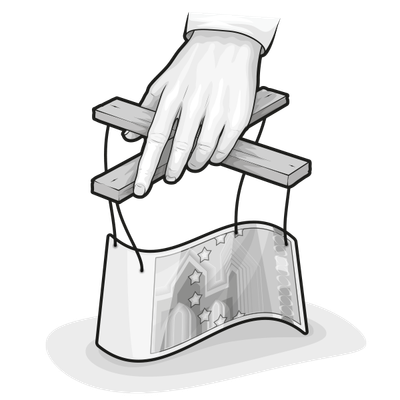 Illustration: Eine Hand hält ein Kreuz an dem Fäden hängen, an denen ein Geldschein befestigt ist